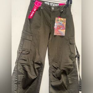 VIP Olive Green Denim Jeans with Bright Pink Logo Tag